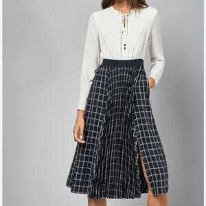 Ted Baker London Fancesa Midi Dress Ivory blue checked chiffon sz 2 US Small 4-6